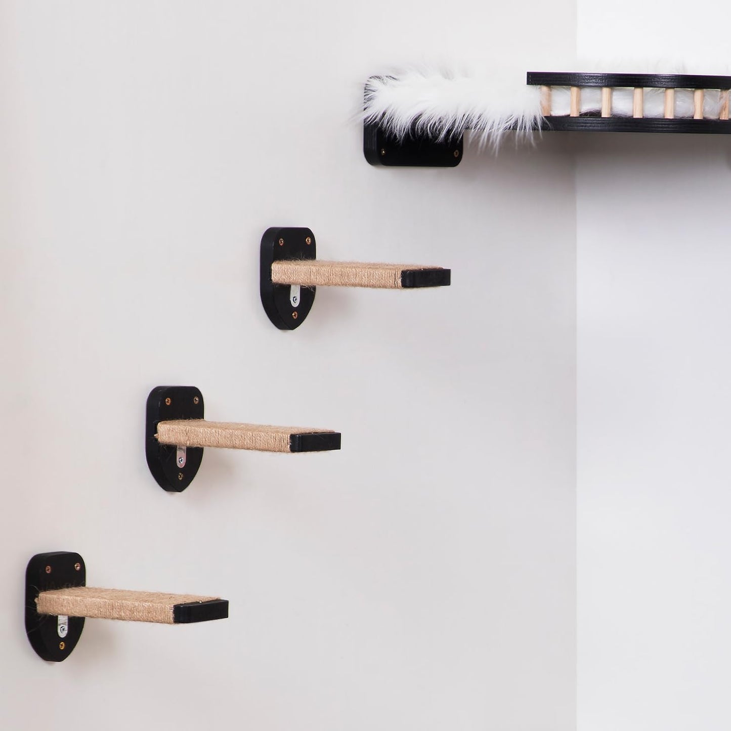 3pcs Wall Steps for Cats, Climbing Mounted Furniture, Shelves With Hemp Rope Covered, Solid Wood Ladder for Playing and Climbing (Large-Black)