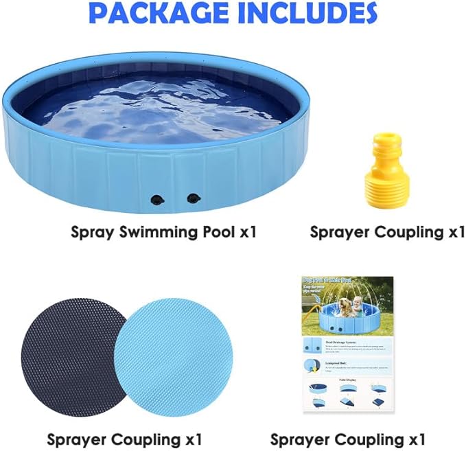 63" Large Dog Pool with Sprinkler, 2-in-1 Foldable Swimming Pool Non-Slip Hard Plastic Splash Sprinkler Kiddie Pool for Outdoor Backyard Kids Dogs Ducks and Pet Baths