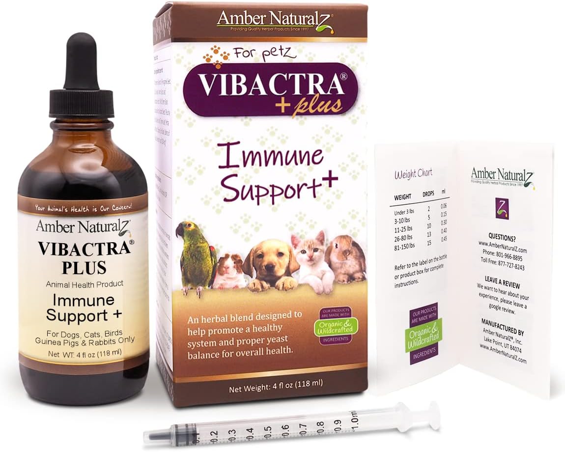 Amber NaturalZ Vibactra Plus Herbal Supplement for Dogs, Cats, Birds, Guinea Pigs, and Rabbits | Herbs for Immune Health and Yeast Balance | 4 Fluid Ounce Glass Bottle
