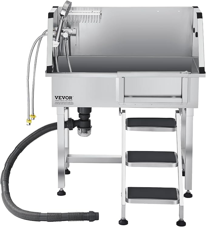 VEVOR Stainless Steel Dog Washing Station, 34 inch Pet Grooming Tub w/Storage Stairs, Faucet & Showerhead & Soap Holder Dog Bathtub, Pet Wash Station for Small Pets (Right Door)