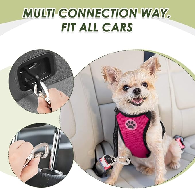 SlowTon Dog Seat Belt Harness for Car, Dog Car Harness Adjustable Mesh Breathable & Dog Seatbelt Safety Tether with Elastic Bungee for Small Medium Large Pets(Fuchsia, Double Clip, S)