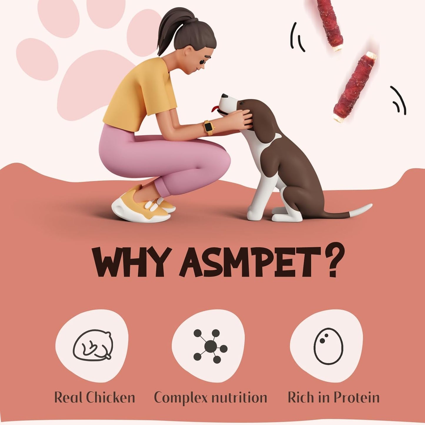 ASMPET Dog Treats, Chicken Wrapped Rawhide Sticks Filled with Sweet Potato for Small Medium Large Dogs(6pcs)