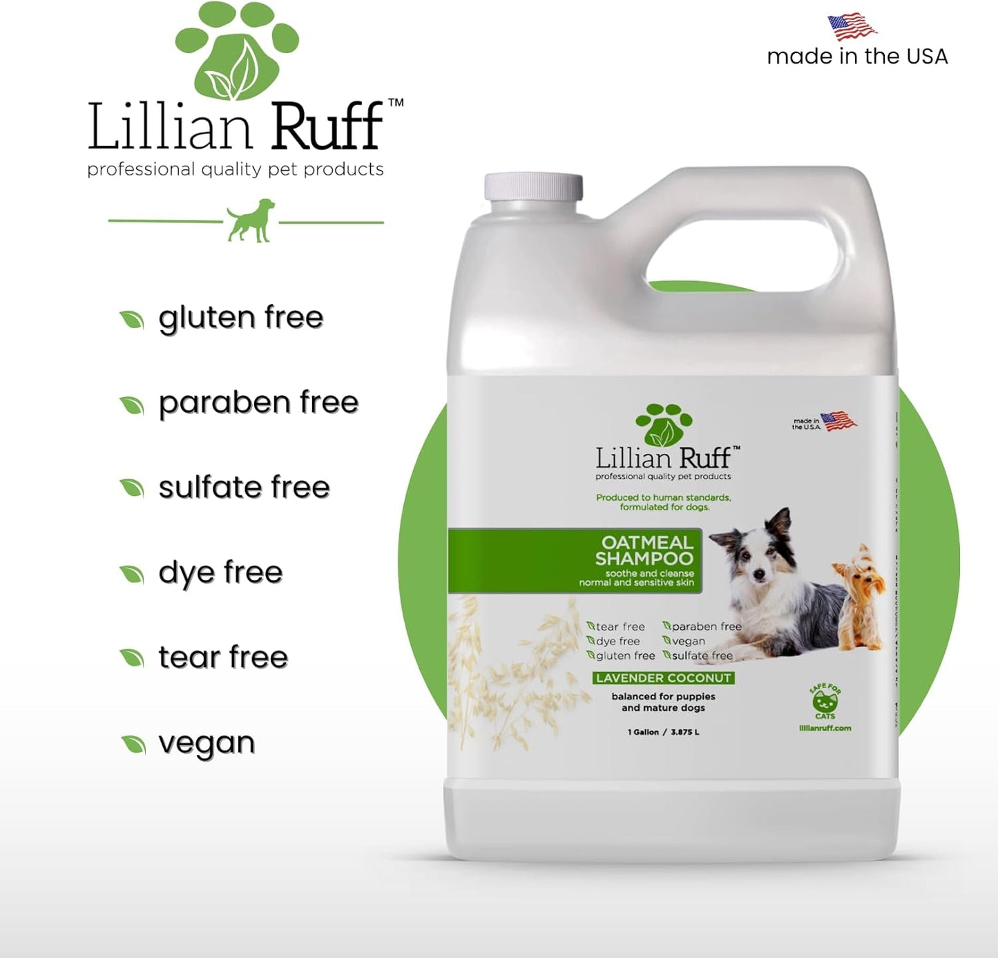 Lillian Ruff PRO Formula Deodorizing Oatmeal Dog Shampoo - Calms Itching & Allergies, Ultra-Nourishing Dry Skin Relief - Oatmeal, Aloe, Coconut Oil, Lavender & Provitamin B5 - Made in USA Gallon+Pump