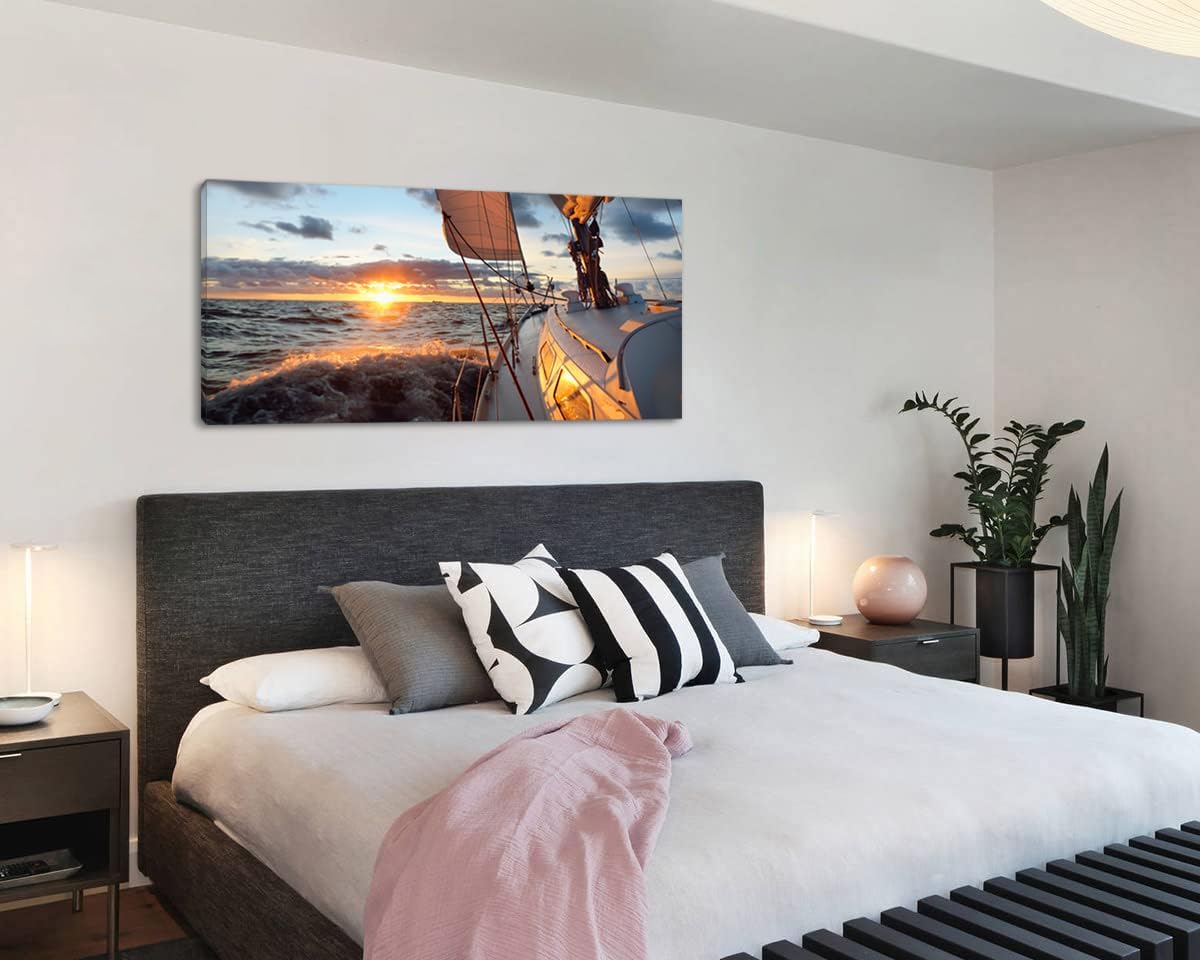 Yacht Sailing in Sea at Sunset Scenery Canvas Wall Art for Living Room Bathroom,Close-up View of Deck Mast Sails Picture Print Artwork Painting Decor,Epic Seascape Scenic Landscape,Inner Frame 24x48