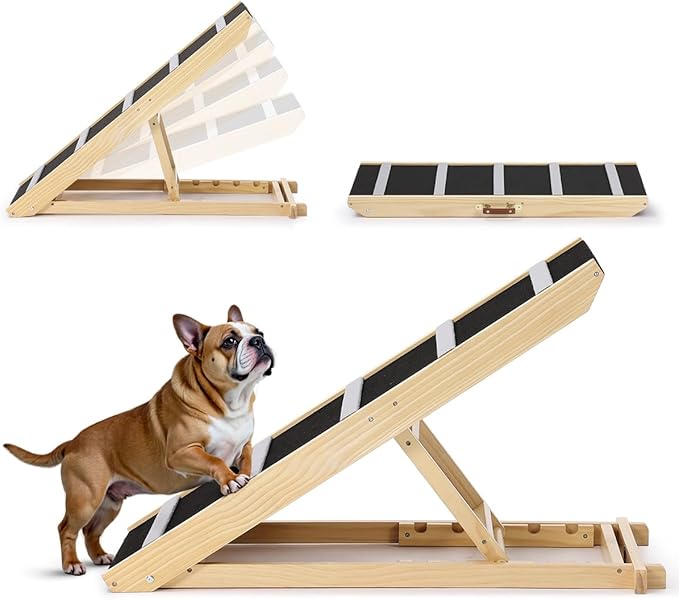 PawGiant Portable Dog Ramp for Bed, 39.4" L x 16.9" W Extra Wide Wooden Pet Ramp for Large Small Dogs, 5 Adjustable Heights from 14.5" to 26.3", Foldable Dog Ramp for Car Couch, Hold Up to 200LBS