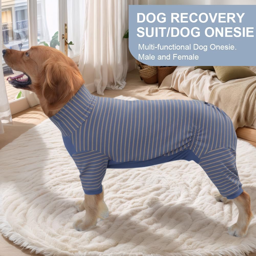 Dog Pyjamas PJS Sweater Clothes and Home Clothing Suitable for Medium to Large Breeds of Dogs, Dog Neutering Suits, Extra-Large Stretch Fabric, Four-Legged (Thickened Blue Stripes, 5XL)