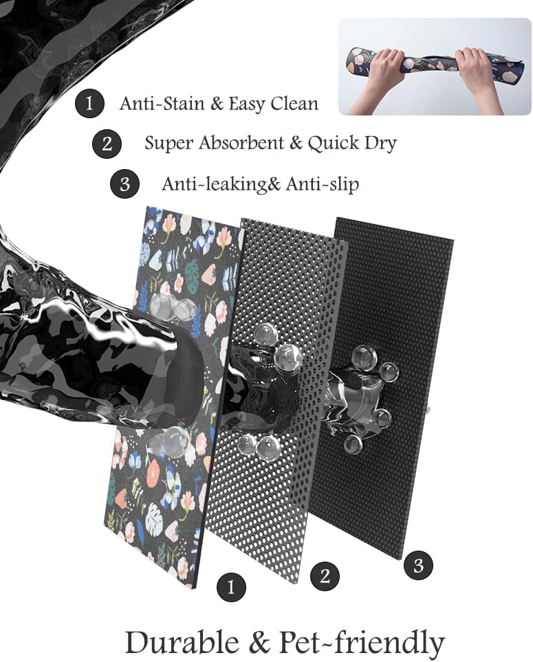 Pet Feeding Mat-Absorbent Dog Mat for Food and Water Bowl-No Stains Quick Dry Water Dispenser Mat-Dog Accessories Pet Supplies-Bowl for Messy Drinkers(DARKFLOWERS,16"x24"