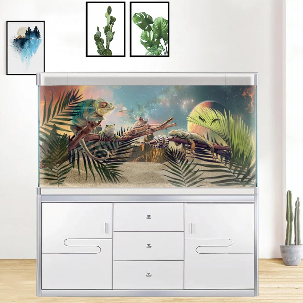 Cosmic Aquarium Background,Cool Galaxy Parallel Space Themed Fish Tank Background, Tropical Desert Terrarium Background 48X18IN with 8 EVA Double-Sided Tape