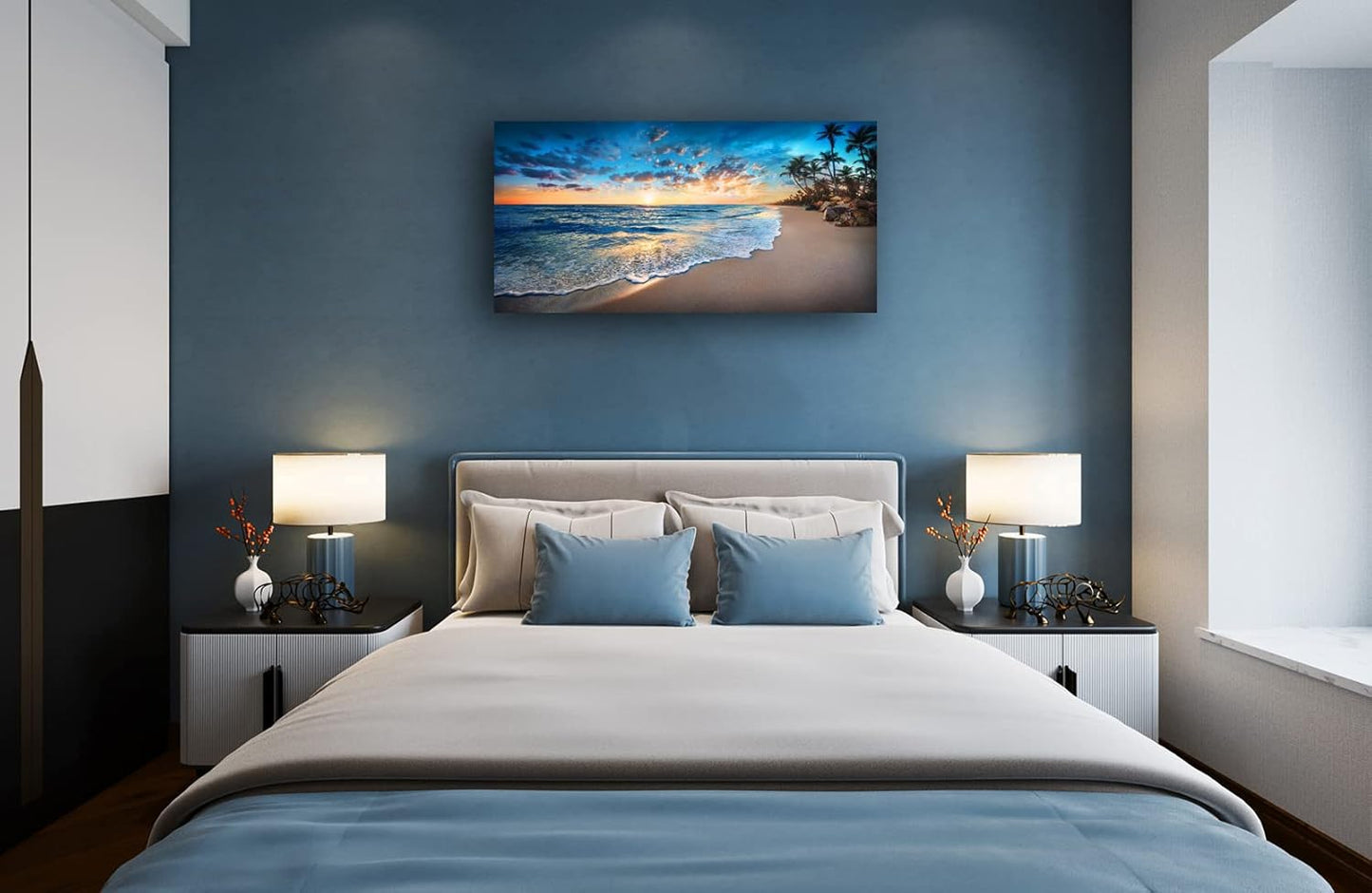 Jiuqinghua Canvas Prints Wall Art Blue Beach Ocean Landscape Paintings 1 panel Sunset Sea Waves Wall Decor Pictures Stretched and Framed for Living Room Bedroom and Office Decor Artwork 30x60inch