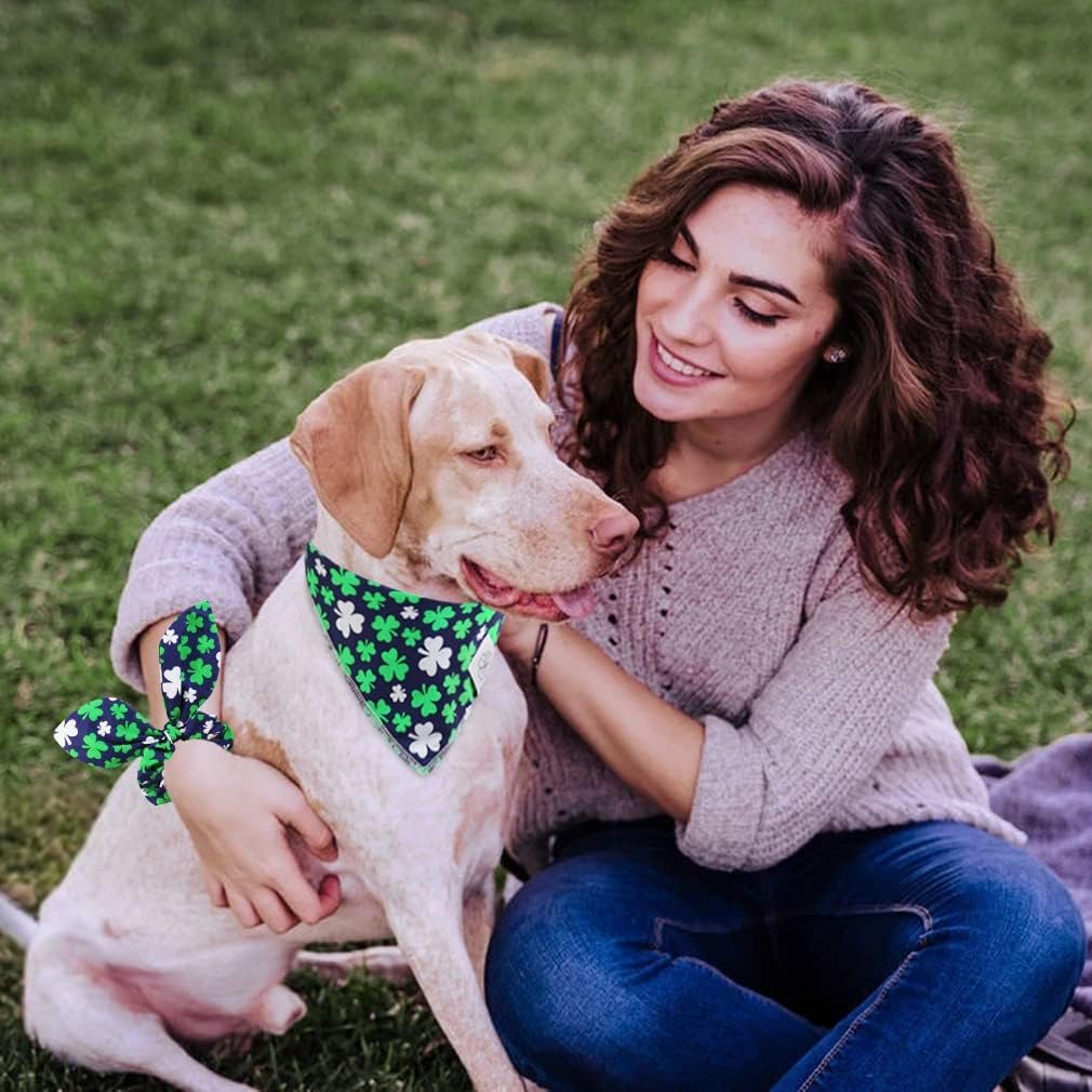 E-Clover Dog Bandana Boy & Matching Scrunchie Set Shamrock Lucky Dog Bandanas Scarf with Bow Hair Ties for Small Puppy Dogs Pet Owner Mom Green Blue