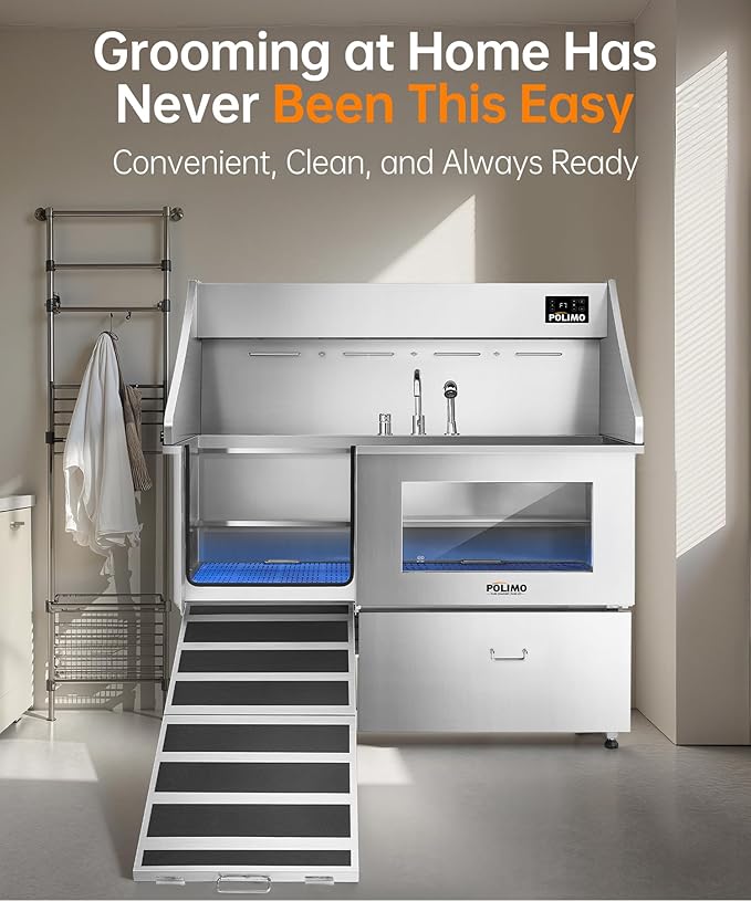 polimo Dog Wash Station with Pet Dryer & LED, Professional Dog Bathing Station for Large, Medium & Small Dogs โ with Window, Ramp, Drawer, Floor Grate, LED Display & Faucet (Left RAMP & Dryer, 61")