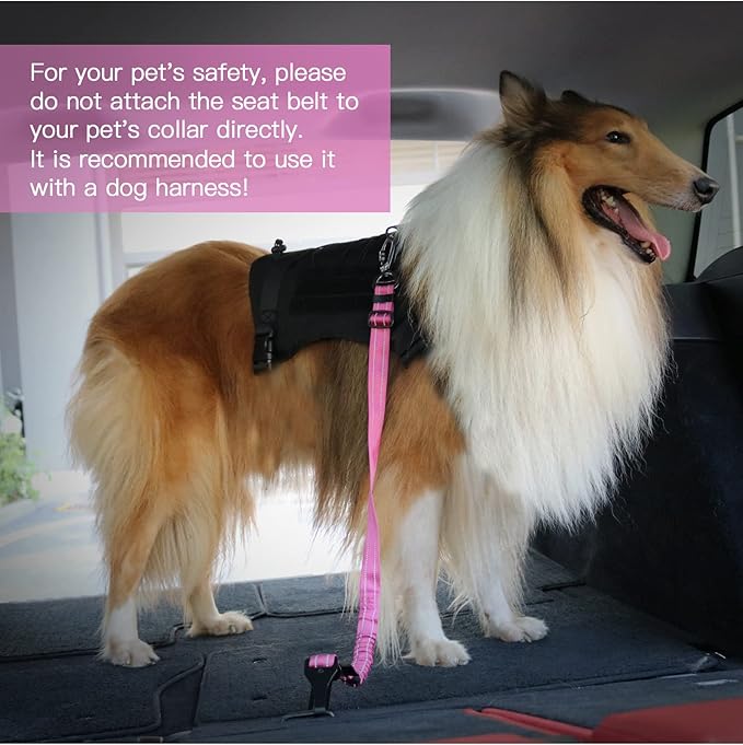 AUBELL Dog Seat Belt for Car,Updated 3-in-1 Adjustable Reflective Bungee Heavy Duty Dog Car Harness Tether with Clip Hook Latch & Buckle,Swivel Zinc Alloy Carabiner,Hotpink