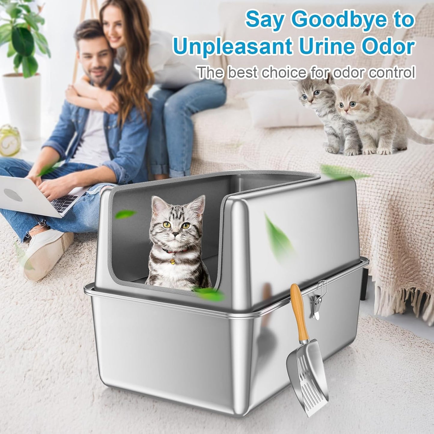 16'' High Sides XXXL All Stainless Steel Cat Litter Box with Lid,8'' Deep Metal Litter Box for Big Cats,Extra Large Litter Boxes with High Wall Enclosure,Anti-Leakage,Never Absorbs Odors,Non-Sticky