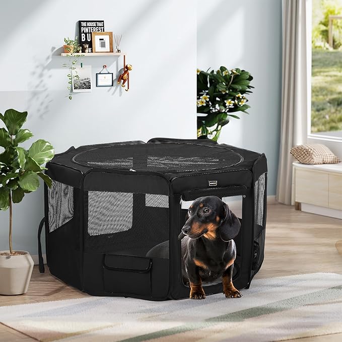DONORO Dog Playpen Portable Pet Play Pens for Small Dog/Cat/Rabbit/Chicks, Cat Playpen Indoor/Outdoor with Carring Case, Removable Zipper Top and Bottom (Black, Small (29"x29"x15"), 8)