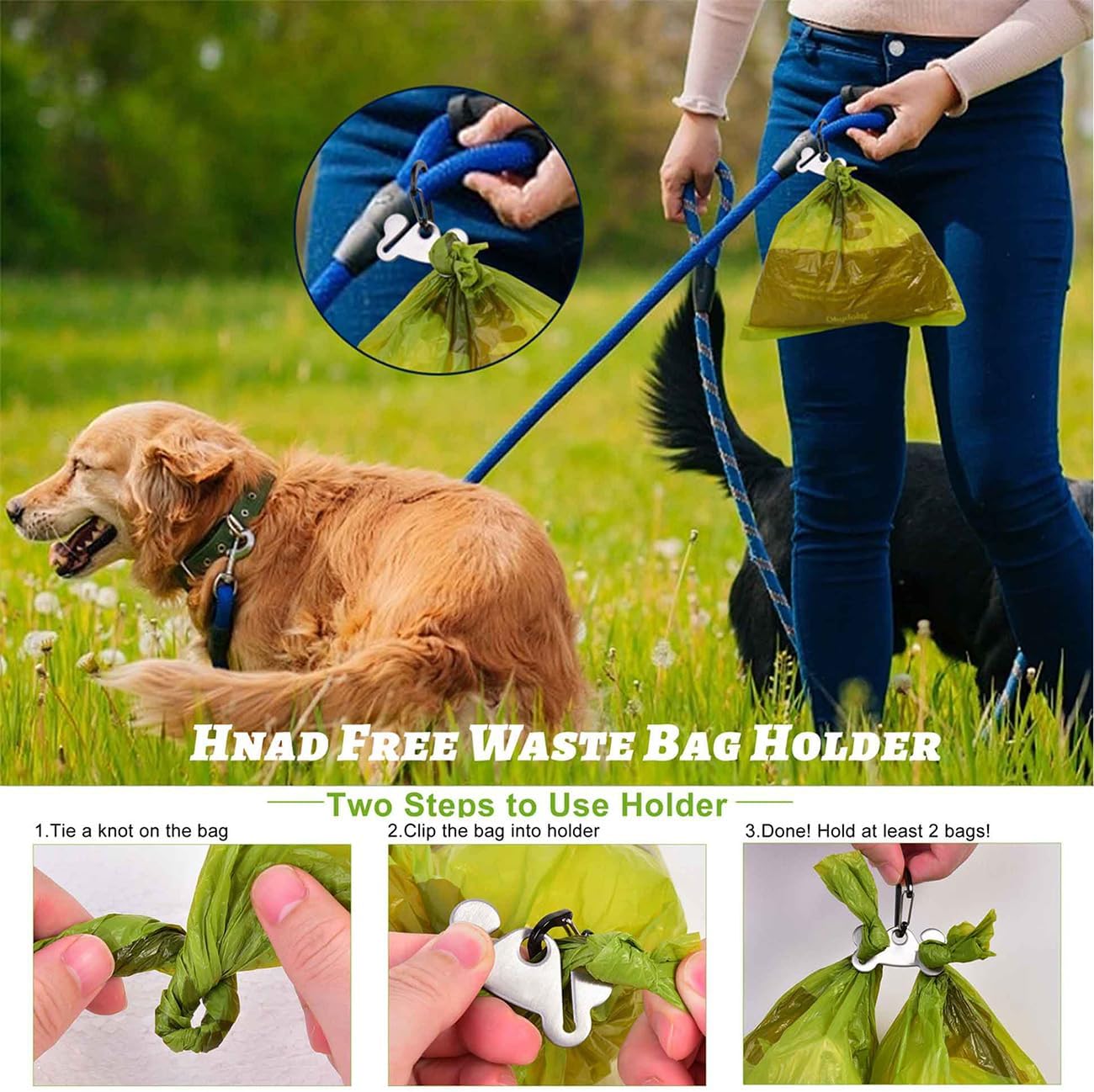 Dog Poop Bag Holder for Leash Attachment - Waste Bag Dispenser for Leash - Fits Any Dog Leash - Portable Set with Hand Free Holder Metal Carrier, Round Shape, Pink