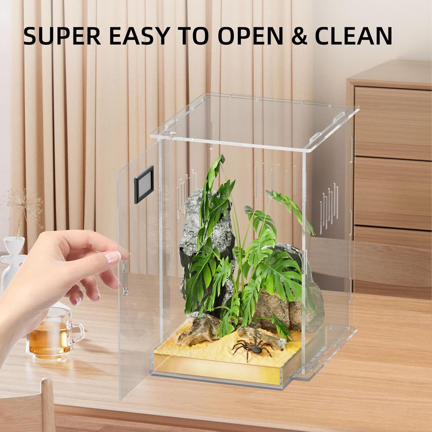 Reptile Terrariums, with Temperature Hygrometer, 7.1"x7.1"x11.8" Acrylic Reptiles Breeding Box Terrarium Cage Tank for Small Reptile Insect Home Office (Arboreal Large)