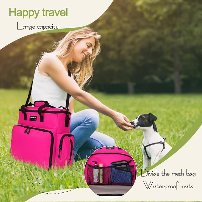 Dog Travel Bag,Weekend Pet Travel Bag Set for Dog and Cat,Airline Approved Tote Multi-Function Dog Bags for Traveling,Include 2 Collapsible Bowls,2 Food Storage Containers,1 Feeding Mat,Red