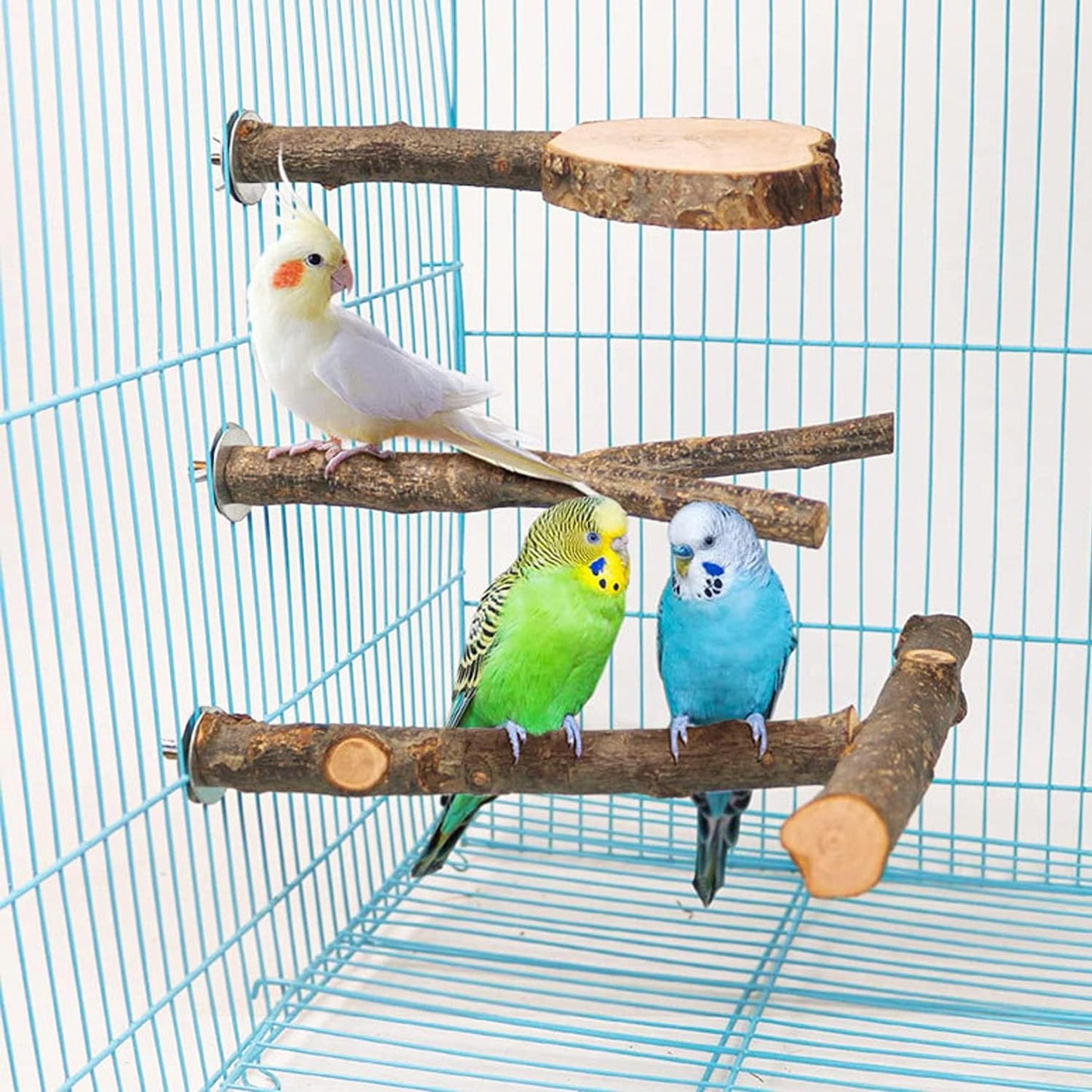 Allazone 4 PCS Natural Wood Bird Perch Stand, Bird Parrot Perch Stand Set, Wooden Parrot Perch Stand Perch Platform Cage Accessories for Parrotlets Cockatiels Budgies Parakeets