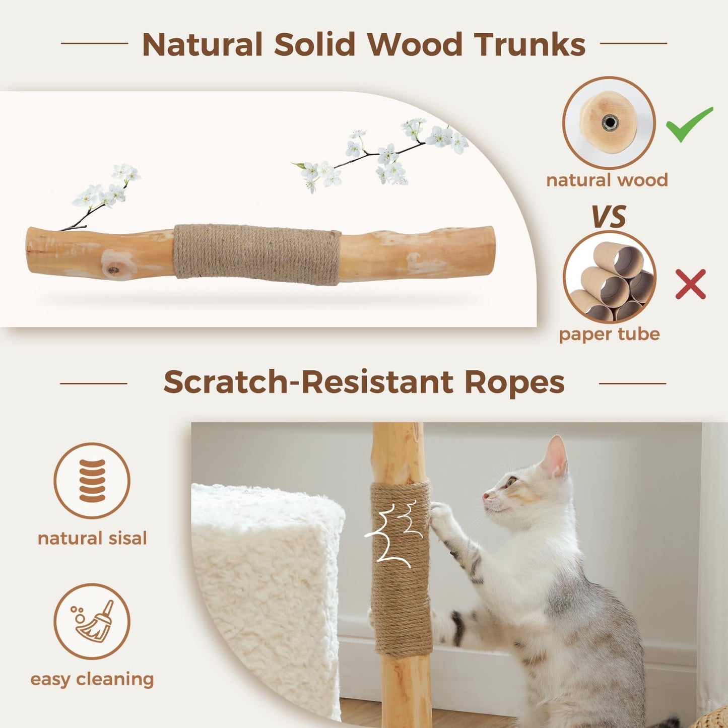PAWZ Road Modern Cat Tree with Natural Solid Wood Scratching Post, 40 Inches Cat Tower with Spacious Wicker Basket,Large Hammock,Luxury Condo for Indoor Cats