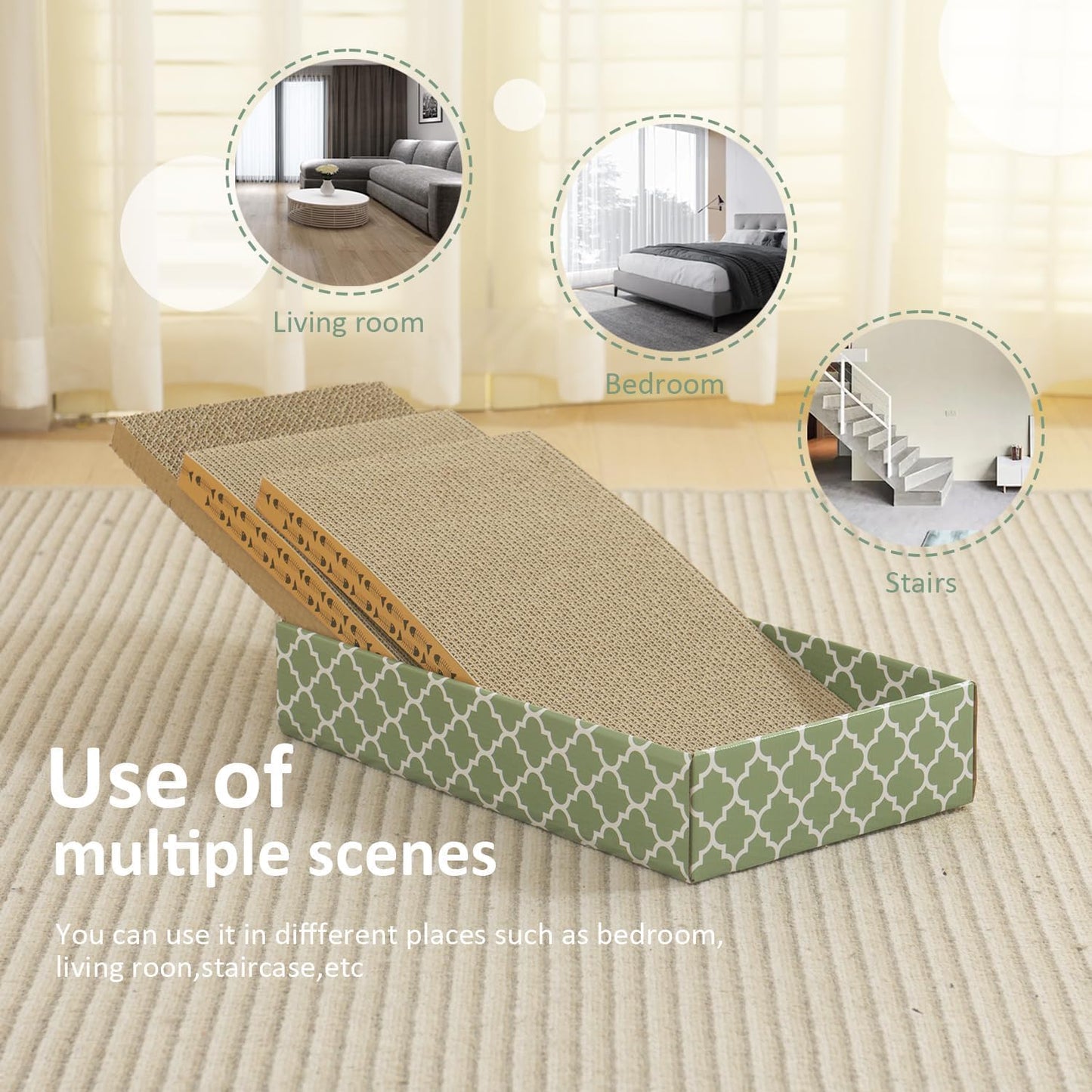 MECOOL Cat Scratching Board,3PC Scratch Pad with Box,Reversible Corrugated Scratcher Cardboard and Lounge Bed for Indoor Cats, Catnip