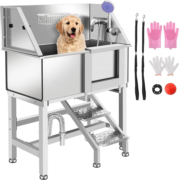 Stainless Steel Dog Washing Station, Pet Grooming Tub W/Storage Stairs, Faucet & Showerhead & Soap Holder Dog Bathtub for Large & Medium & Small Pets,34" R-RAMP