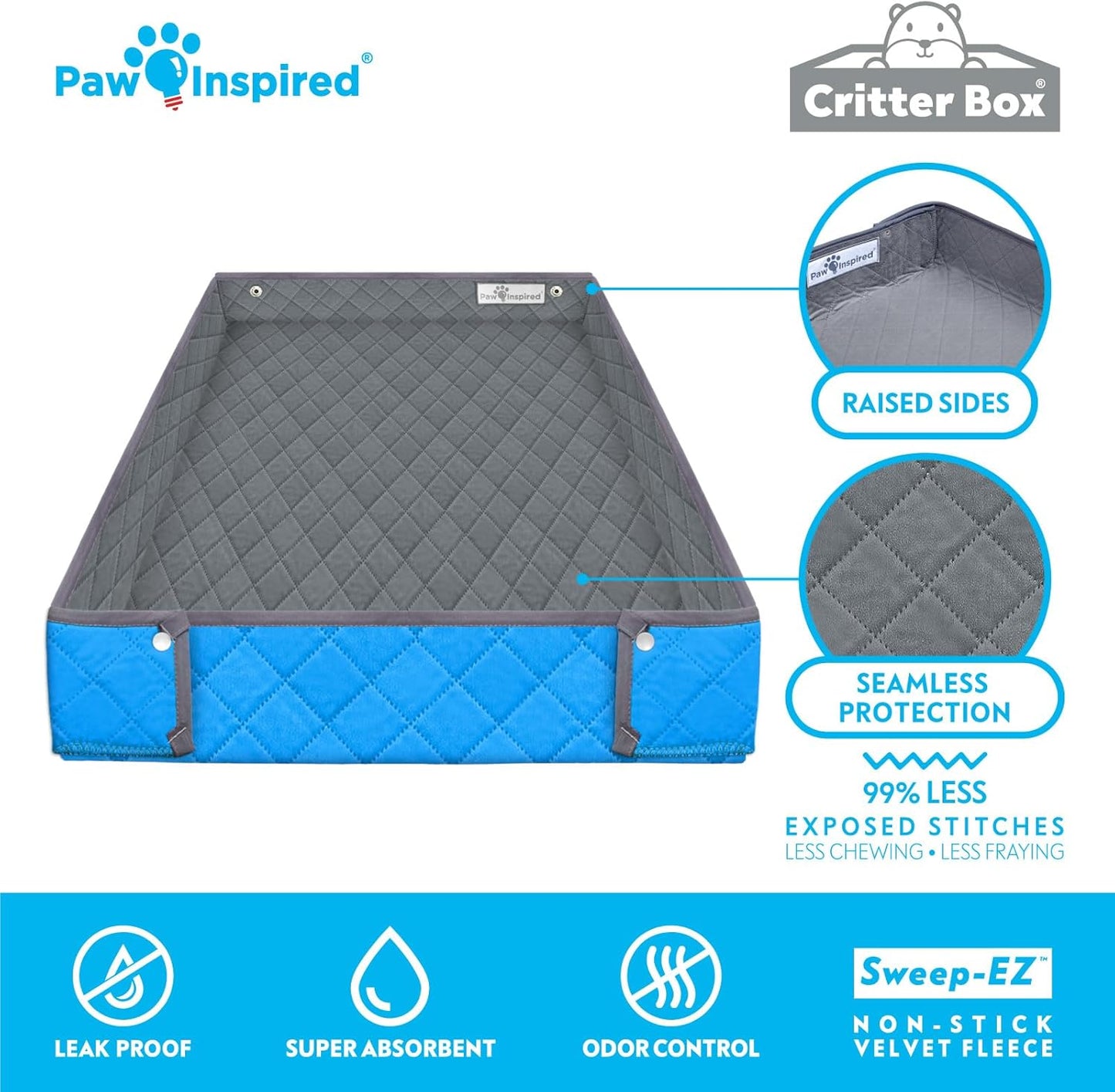 Paw Inspired Critter Box Washable Cage Liner, Reversible Fleece Bedding with Raised Sides for Ferrets, Guinea Pigs, Rats, Chinchillas, and Other Small Animals (Critter Nation/Ferret Nation, Gray/Blue)