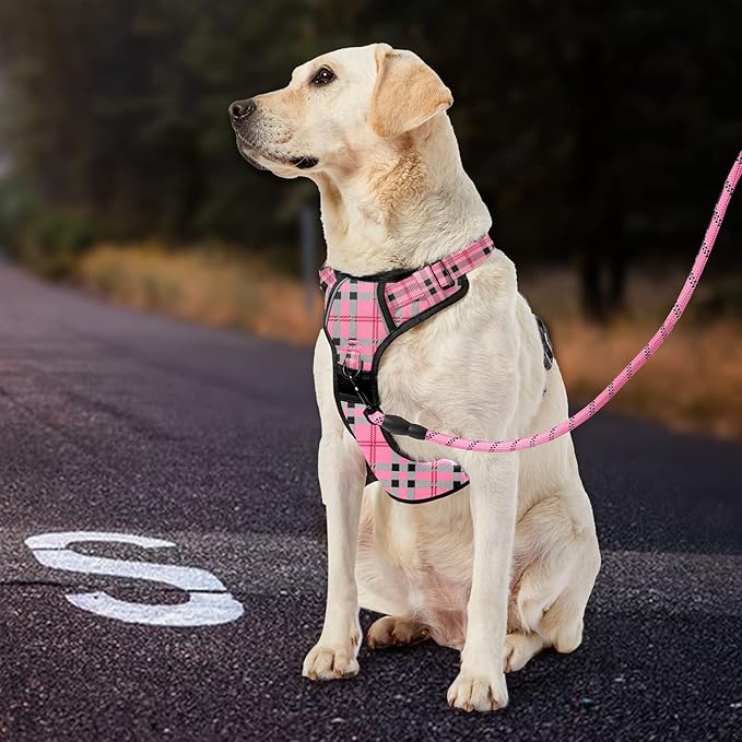 IVY&LANE No Pull Dog Harness with Leash Set, Reflective No Choke Pet Vest,Adjustable Oxford Dog Vest Harness with Easy Control Handle for Large Dogs (Checkered Pink,L)