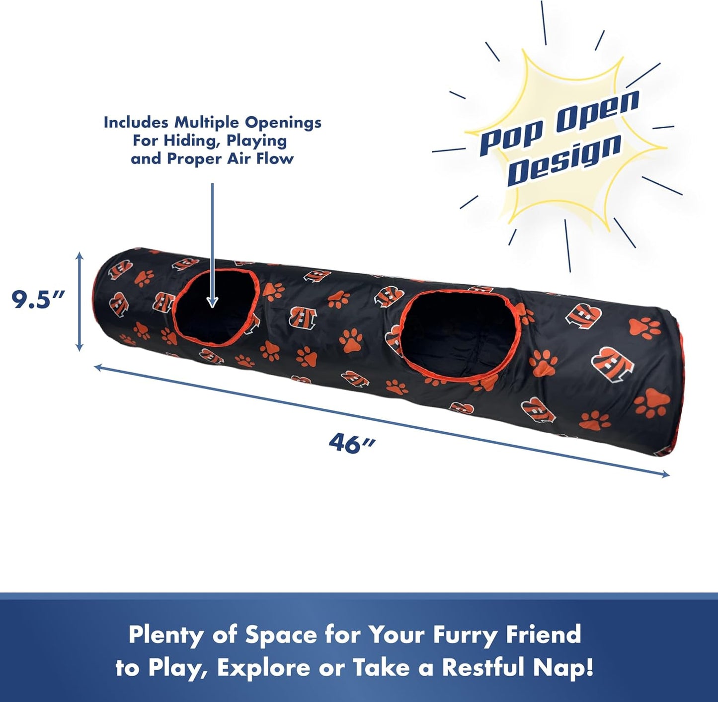 NFL Cincinnati Bengals Cat Tunnel Tube Toy with Plush Football Catnip and Feathers Collapsible Tunnel for Cats to Play, Peek and Hide, Sporty & Fun Cat Tunnel Toy with Team Logo All-Over Design!