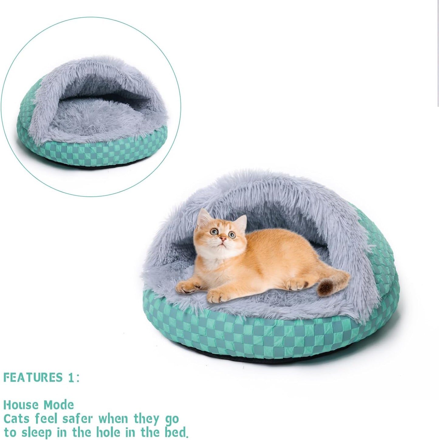 Cat Bed Hooded Plush Nest with Self-Warming Cozy Cave, Calming Anti-Anxiety Pet Bed for Indoor Cats & Small Dogs, Removable Washable Cover & Waterproof Bottom - Gray
