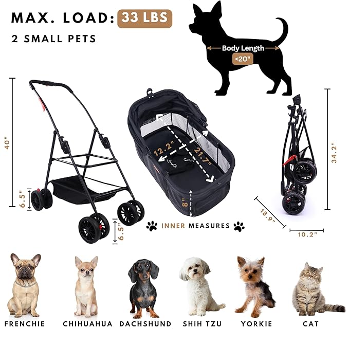 Pet Stroller for Small Dogs Cats with Wheels, Detachable Carrier, Max Load 33 lbs, Easy Folding, Compact Portable, Dog Carriage Cart Car Seat 3 in 1