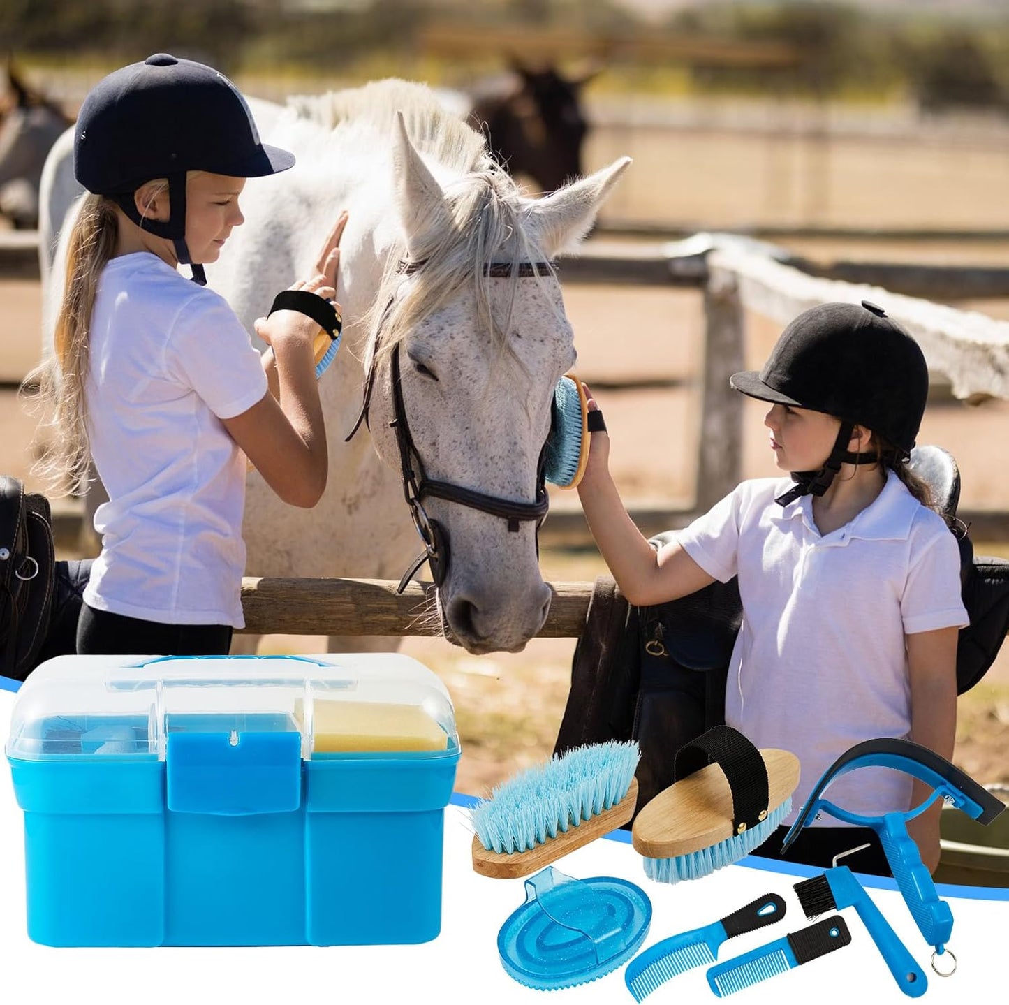 Cunhill 9 Pieces Horse Grooming Kit Tack Room Supplies Set with Organizer Tote Box, Oval Massage Curry, Hard and Soft Brush, Hoof Pick, Sweat Scraper, Bathing Sponge, Combs for Horse Riders Beginners