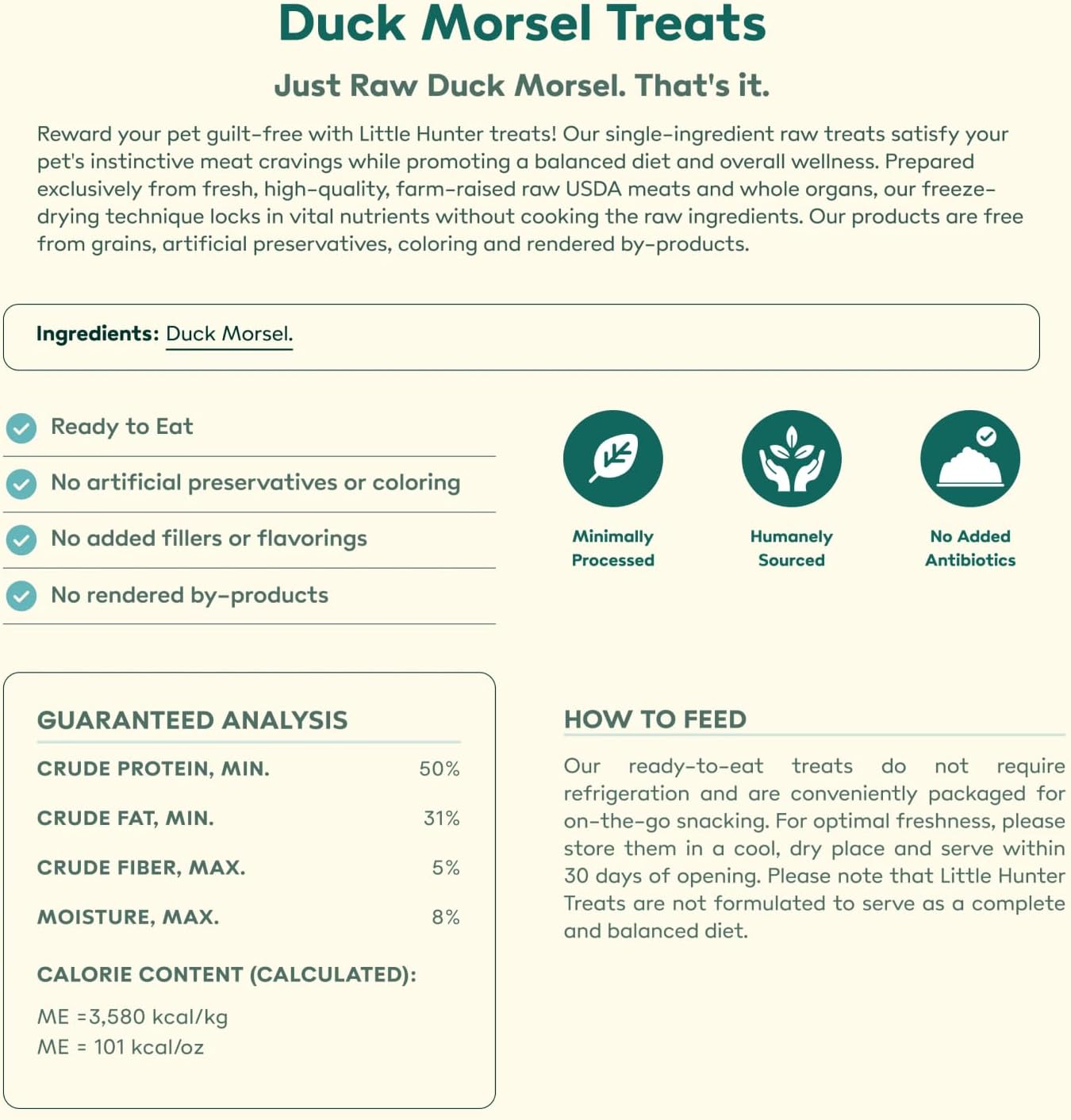 Little Hunter Freeze Dried Dog Treats - Duck Morsel - Raw Single Ingredient Duck Morsel Dog Treats for Snacks, Training, Dog Food Toppers - All Natural, Healthy Dog & Puppy Treats, 2 oz