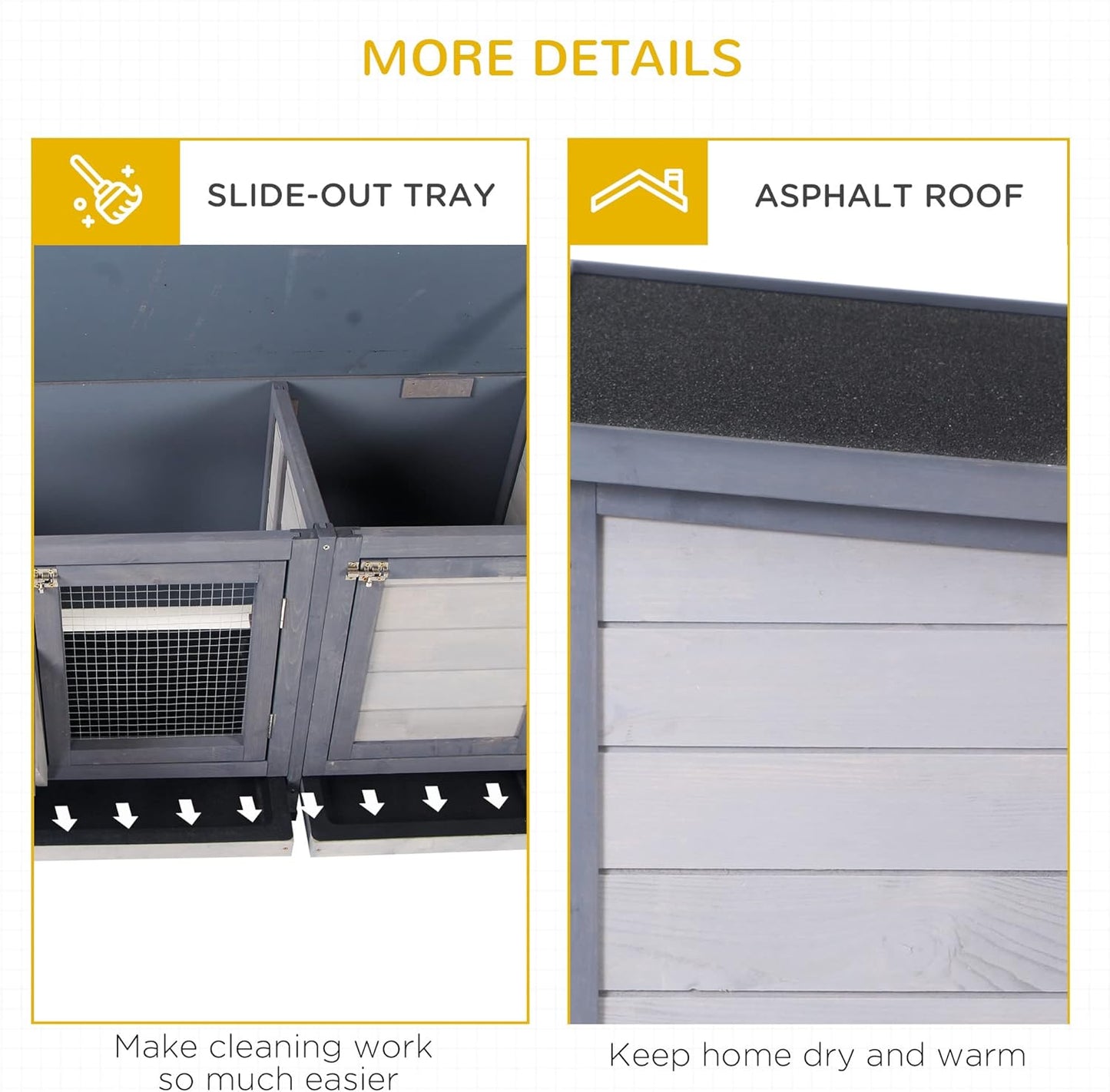 PawHut Wooden Rabbit Hutch Bunny Hutch Cage Guinea Pig with Waterproof Roof, No Leak Tray and Feeding Trough, Indoor/Outdoor, Gray