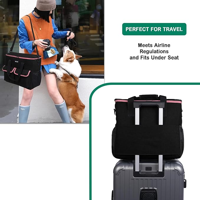 Large Pet Travel Bag Organizer - Dog & Cat Tote with Food Containers, Bowls, Feeding Mat, Perfect for Camping, Hiking (Multi-Pocket Design)