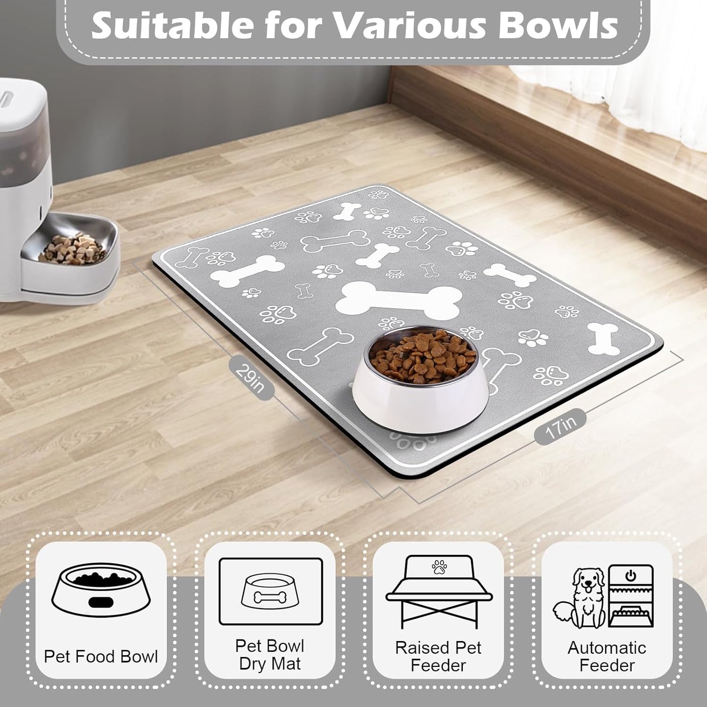 Pet Feeding Mat,Rapid Absorbent Mats for Dog Cat Food, Dog Placemat Water Bowl Mat with Rubber Backing,Messy Drinkers to Protect Floors, Pet Accessories 17"×29" Grey