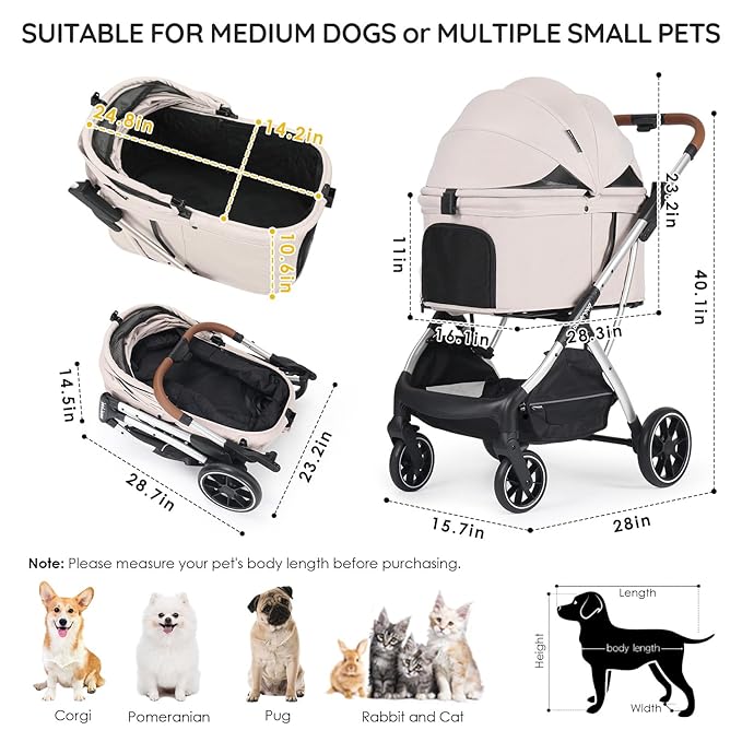 T5 Luxury Pet Stroller for Medium Dog Under 60lbs or 2 Small Dogs & Cats with 180 ̊Canopy, Sun Shades, Auto-Folding Stroller for Multiple Pets(Beige)