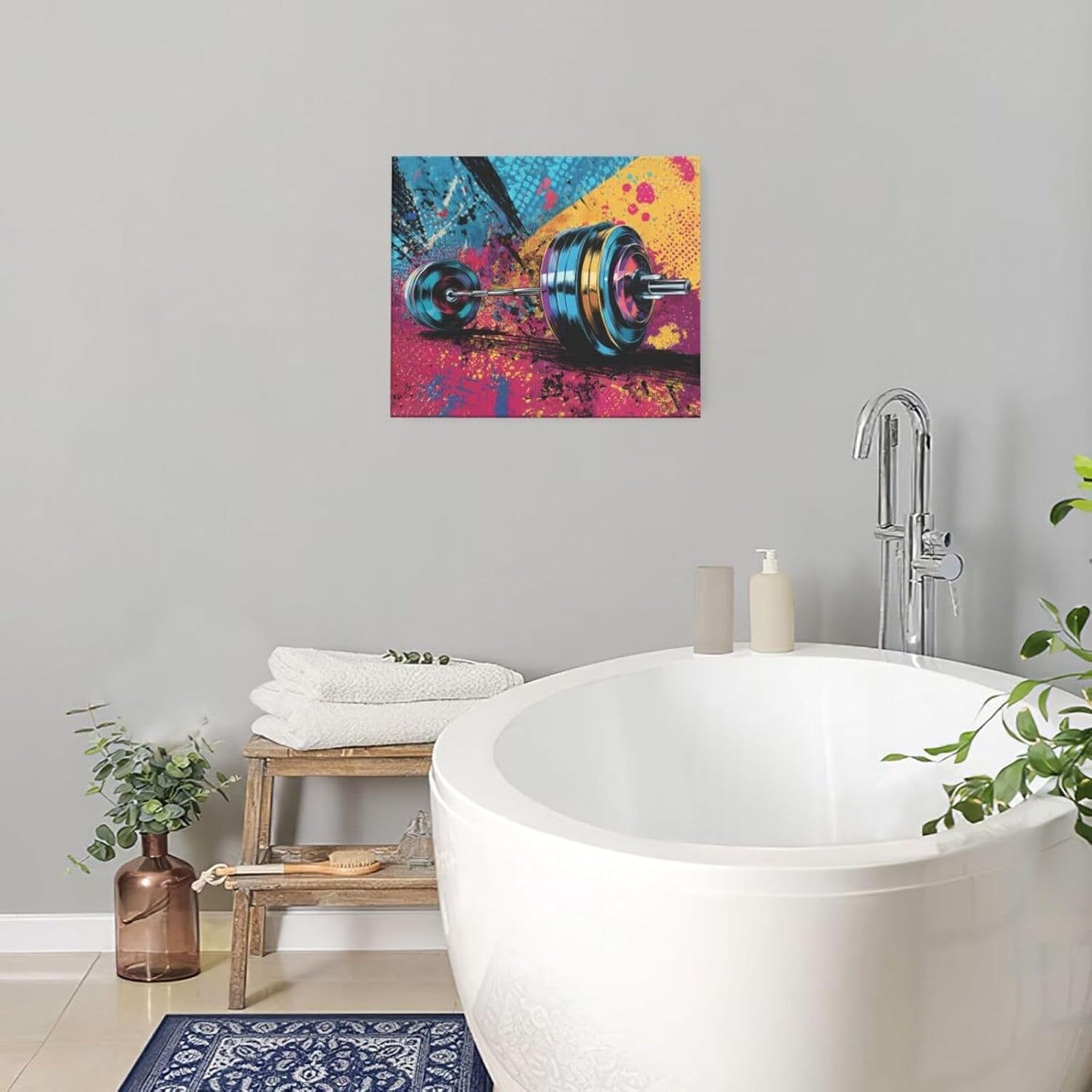 Gym Wall Art Weightlifting Fitness Canvas Wall Decor Barbell Sports Training Pictures Painting Banksy Street Graffiti Print Artwork Framed Decorations Gifts for Sports Lovers Gym Living Room Bedroom 20"x24"