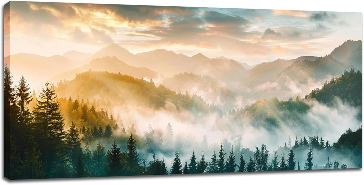 Large Mountain Wall Art for Living Room Forest Mountain Big Space Size Landscape Sea of Fog Scenery Landscape Framed Canvas Prints Pictures Painting Modern Artwork Office Home Decor 60"x30"