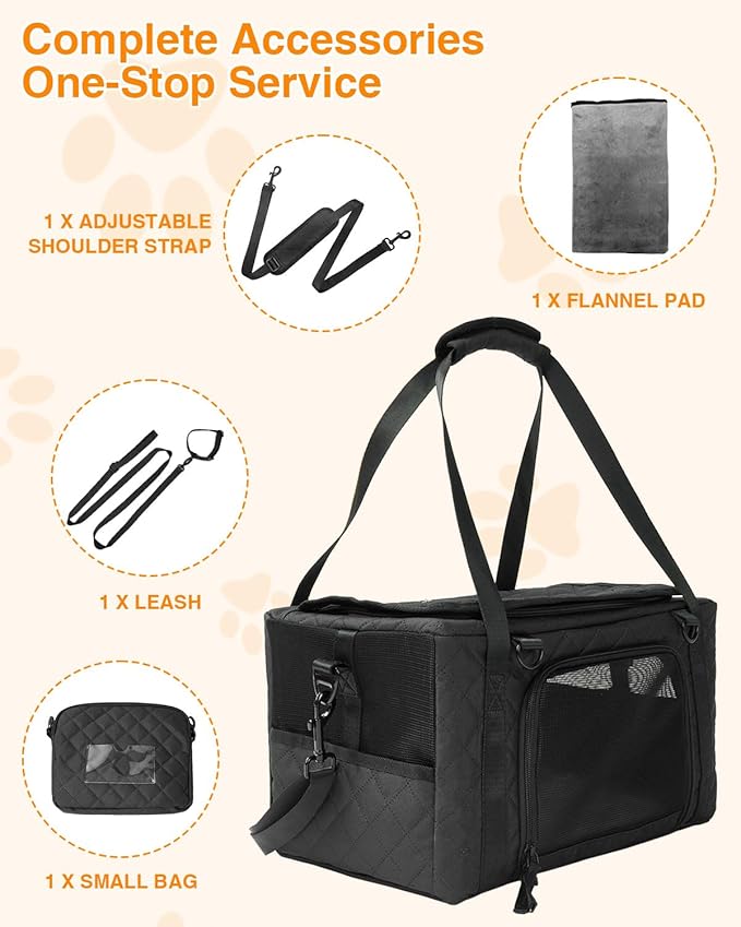 PETUX Small Cat Carrier - Pet Carrier Airline Approved for Kitten Under 10 lb - Escape-Proof, Foldable & Portable Cat Carriers for Travel, Vet Visits with Removable Bag, Safety Buckle & Leash - Black