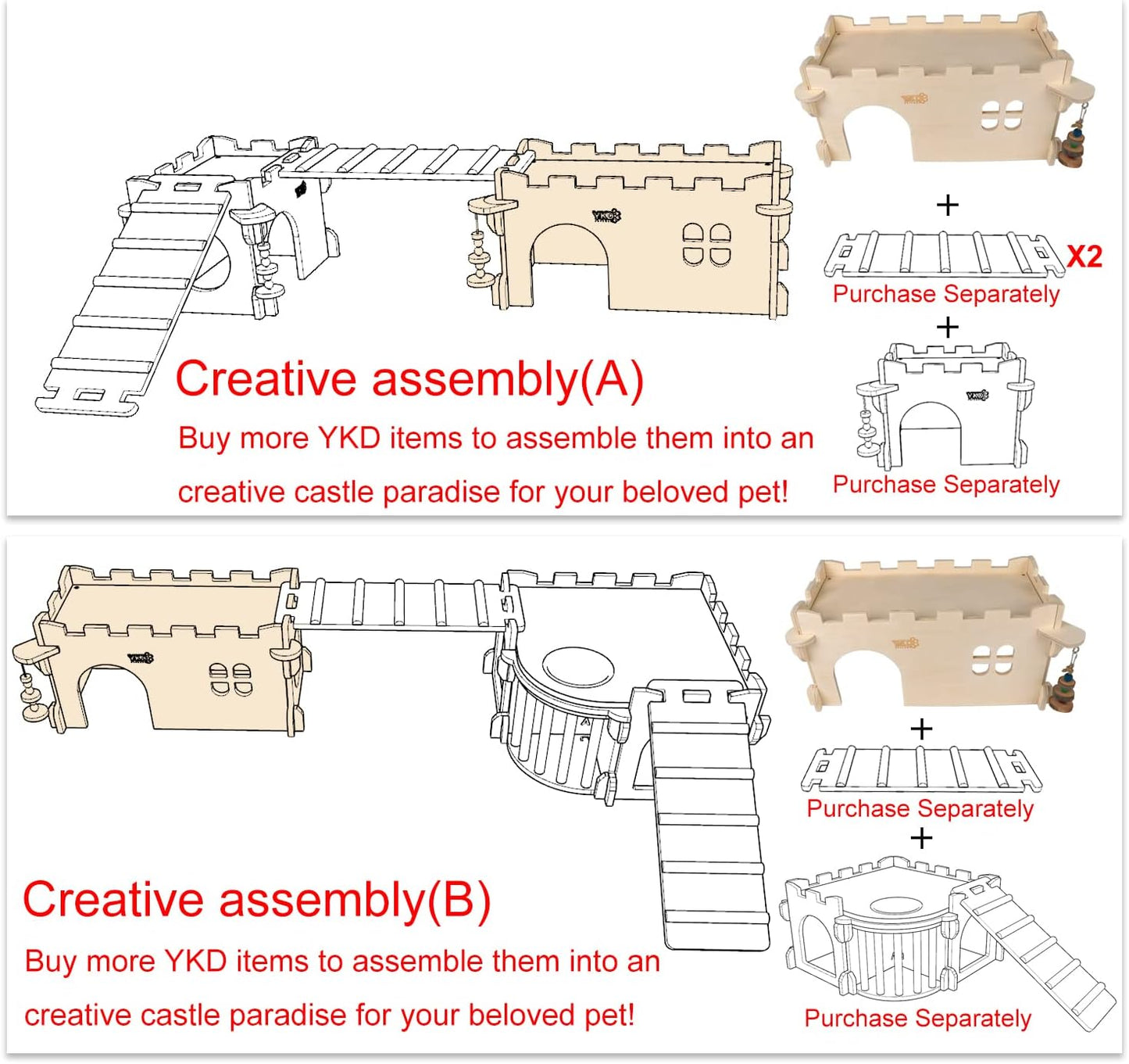 Castle Chinchilla House - Small Animal Hideout for Chinchilla Guinea Pig Hedgehog, or Rat - Ventilated Wooden Guinea Pig Hut Habitat with Multiple Doors (Large)