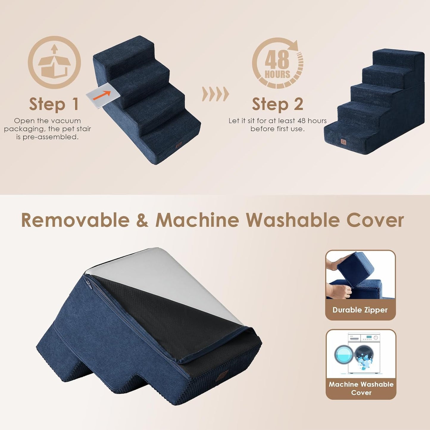 EHEYCIGA Dog Stairs for High Bed 22.5" H, 5-Step Dog Steps for Bed, Pet Steps for Small Dogs and Cats, Non-Slip Balanced Pet Ramp Indoor, Navy Blue