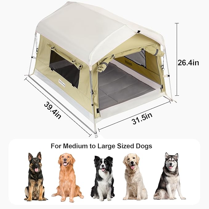 Dog Tent Cotton Fabric, Aluminum Poles and Camping Mat, Outdoor Weatherproof, Dog House Outdoor, Breathable with 2 Side Windows, Portable and Collapsible (Green, Large)