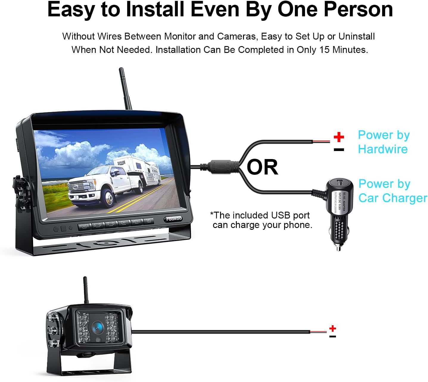 Fookoo 1080P 7" Wireless Backup Camera System, 7" HD Dual/Quad Split Monitor with Recording, IP69 Waterproof Rear View Front View Cameras with Parking Lines, Suits for RV/Truck/Trailer/Van/Bus(DW702)