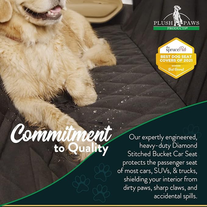 Plush Paws Products Premium Bucket Car Seat Protector | Diamond Stitching | Washable & Waterproof Front Seat Dog Cover Car, Truck, & SUV | Nonslip, Tear Resistant Pet Passenger Seat Cover | Black