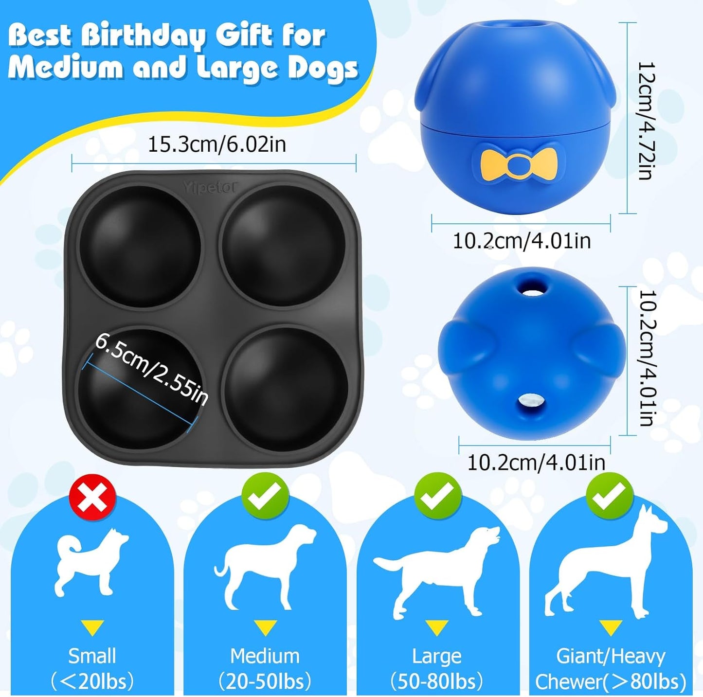 Yipetor Interactive Treat Dispensing Dog Toy, Large 3IN1 Dog Enrichment Toy, Tough Rubber Chew Ball Dog Treat Frozen Puzzle Toys for Large Medium Breeds - Keep Them Busy/Anxiety Relief/Feeding Slow