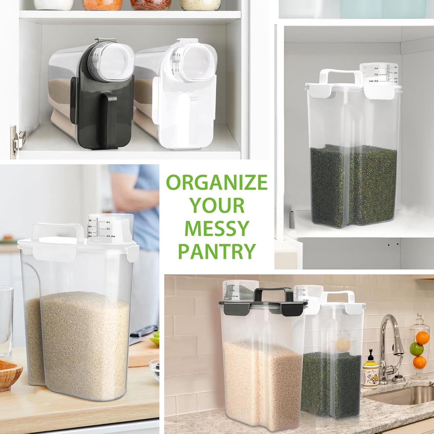 Rice Storage Container, 5 to 10lb Dry Food Airtight Dispenser, Pet Dog Cat Food Canister, BPA Free Clear Plastic Kitchen and Pantry Organization Bin for Oatmeal, Cereal, Pasta, Flour White