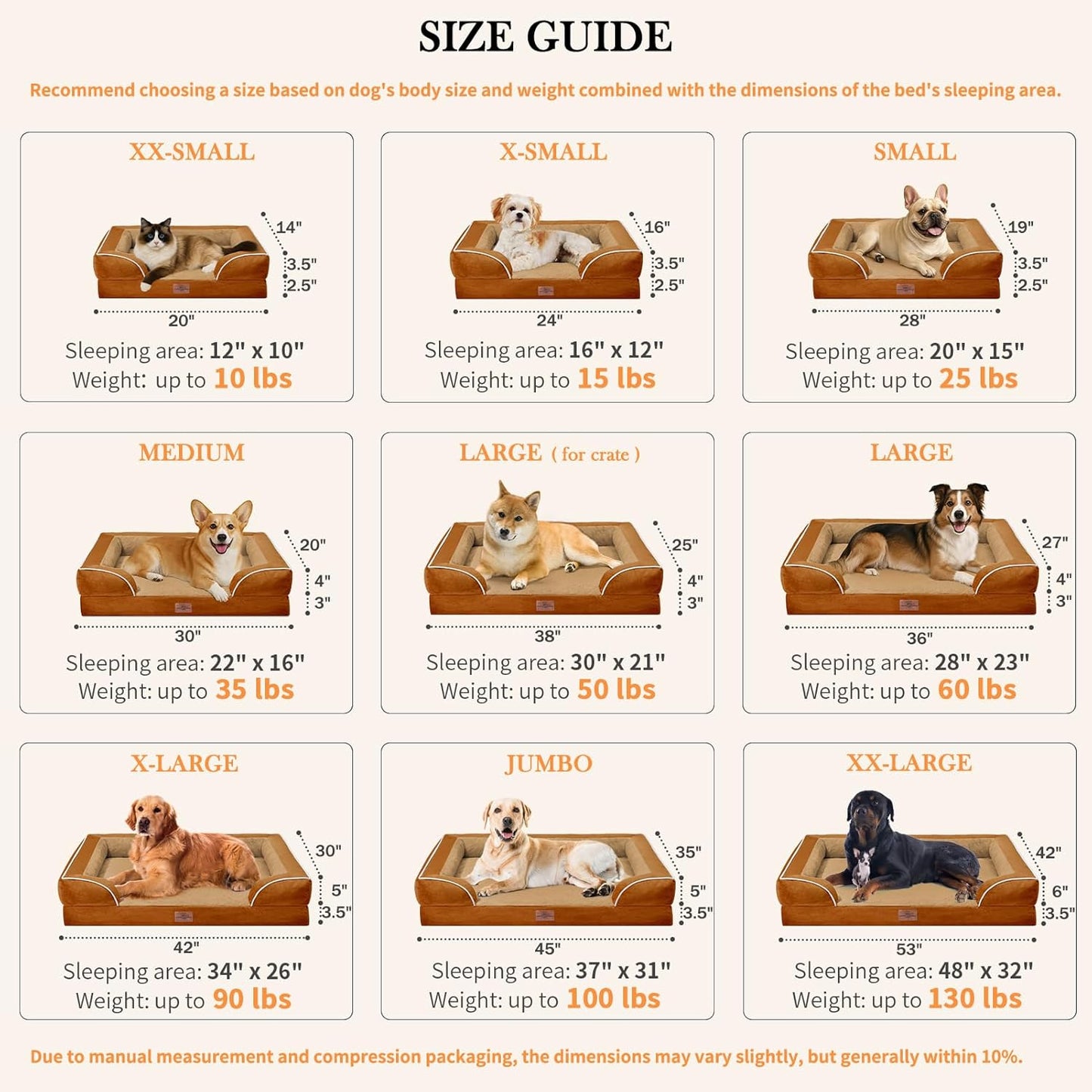 Comfort Expression Small Dog Beds Waterproof Orthopedic Foam Dog Sofa Beds for Small Dogs Comfy Pet Bed with Washable Removable Cover & Non-Slip Bottom(X-Small,Caramel)