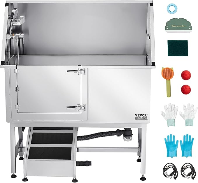 VEVOR Stainless Steel Dog Washing Station, 50 inch Pet Grooming Tub w/Ramp, PE Water Filter Board, Faucet & Showerhead & Soap Holder Dog Bathtub for Large & Medium & Small Pets (Left Door)