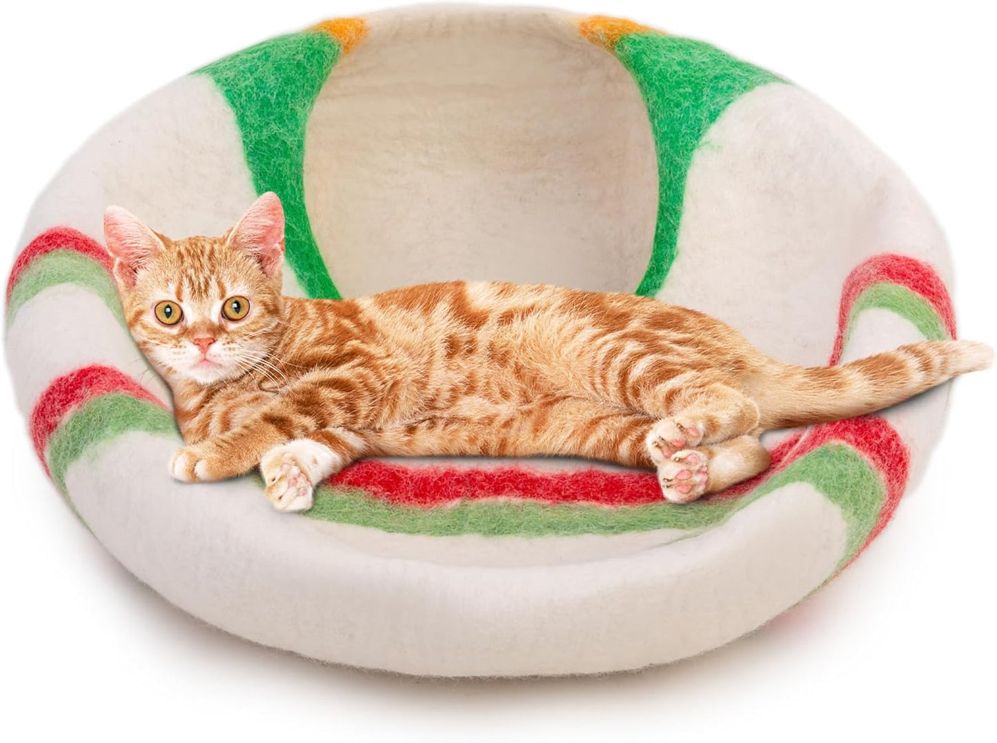 Woolygon Premium Felt Cat Cave Bed ā Wool Kitty Beds Handcrafted Kitten Caves Bed for Indoor Cats - Made from 100% Eco-Friendly Merino Wool, Foldable Cat Hidewawy Covered Cat House Pod (Candy Swirl)