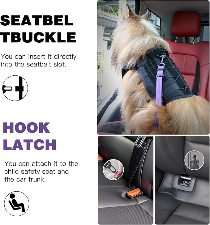 AUBELL Dog Seat Belt for Car,2 Pack Set 3-in-1 Adjustable Reflective Bungee Heavy Duty Dog Car Harness Tether with Clip Hook Latch & Buckle,Swivel Zinc Alloy Carabiner,Black+Purple